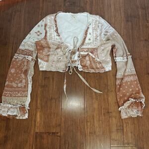 Style Rack Women M Brown Open Front Boho Paisley Top Cropped Bell Sleeves Raffle